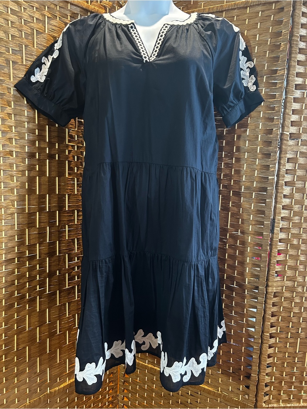 Talbots Black Embroidered Tiered Dress Cotton Boho Coastal Cottage L